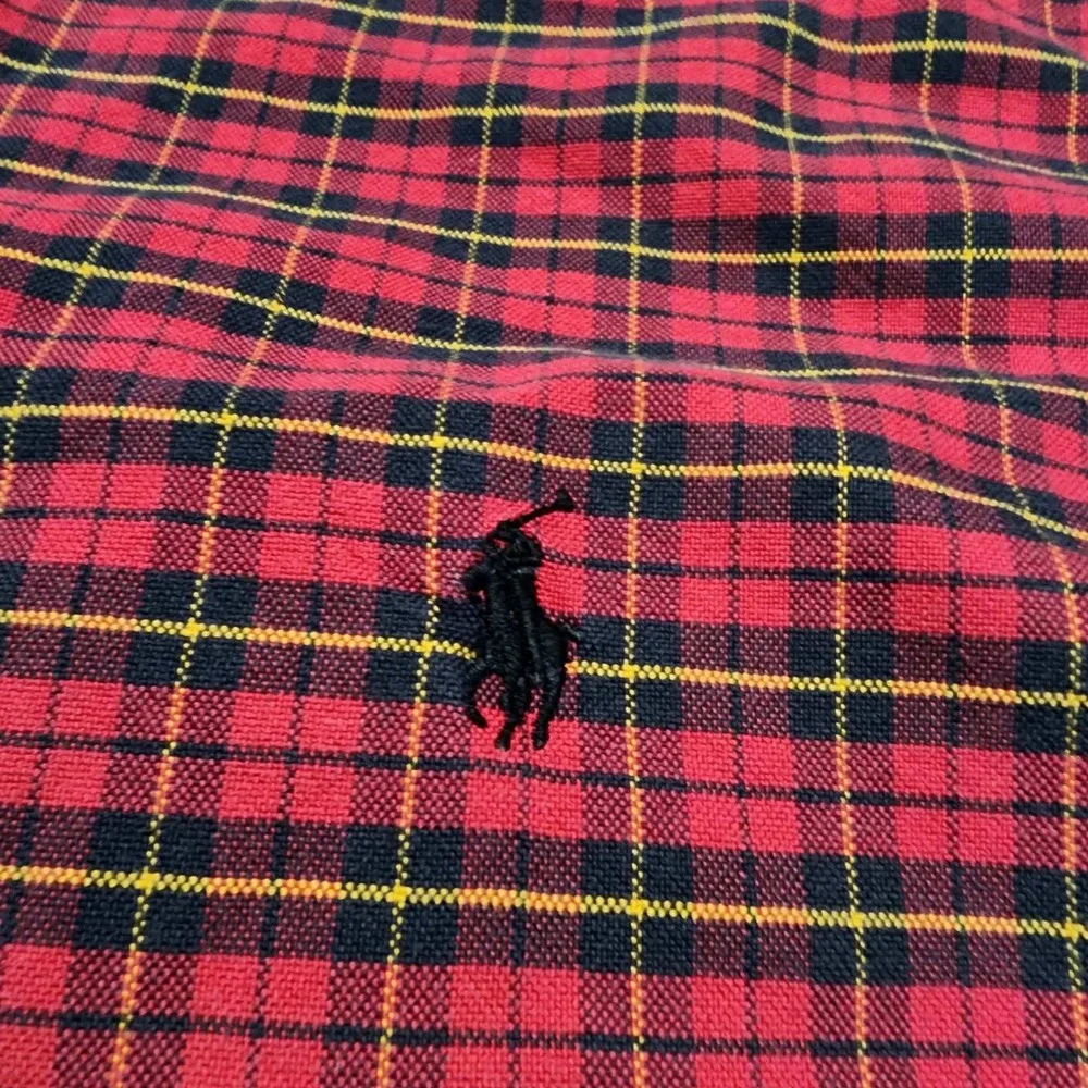 Polo Ralph Lauren Mens Custom Fit Plaid Button Down Shirt Red Black Yellow Large